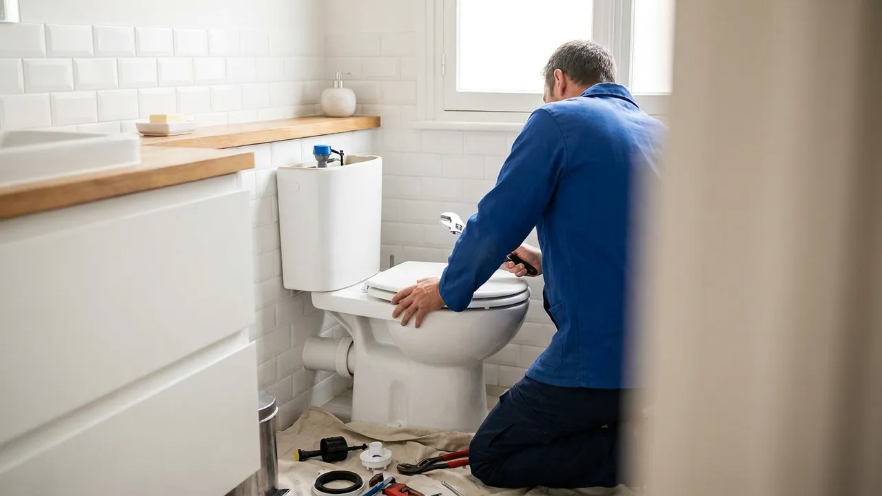 Remplacement du mécanisme et du flotteur dans un réservoir de WC dans une salle de bain à Vanves