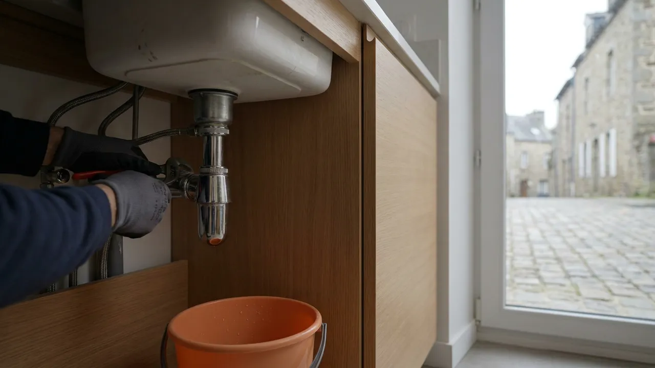 Réparation d'une fuite au niveau du siphon sous un évier de cuisine dans un appartement de Vanves