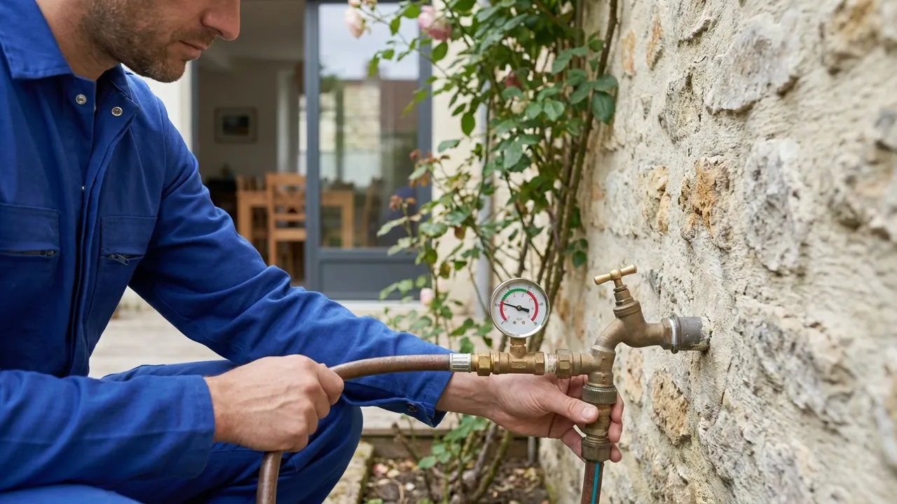 Mesure de la pression d'eau au manomètre sur un robinet dans une maison de Vanves