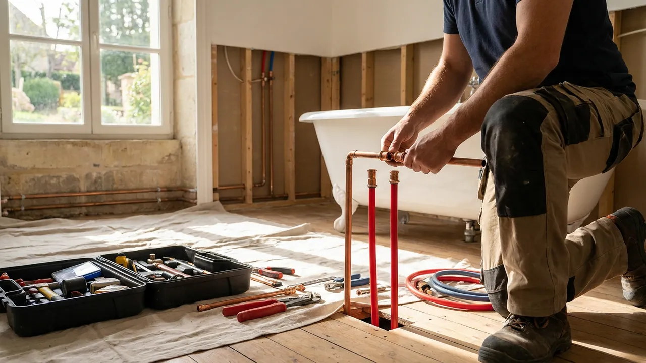 Pose de nouvelles canalisations en cuivre et PER dans une salle de bain en rénovation à Vanves